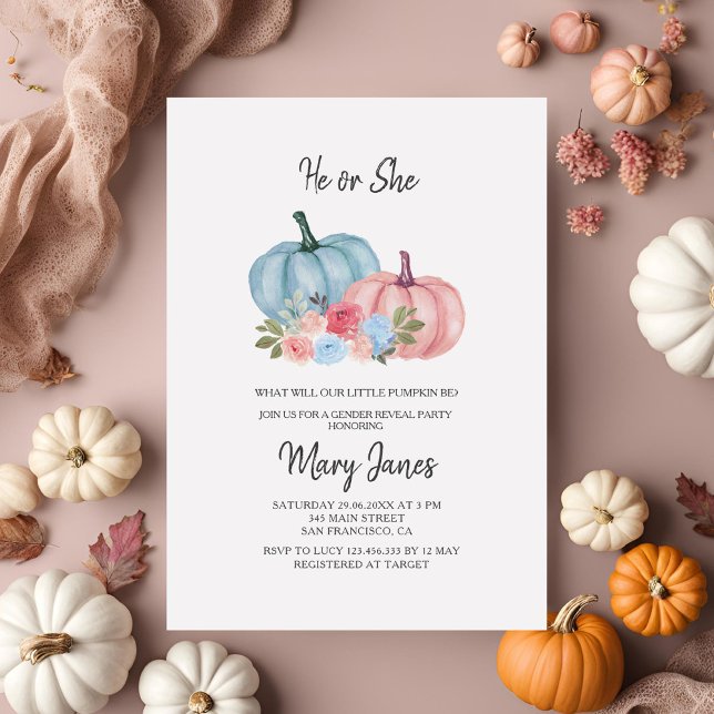 Pink oder Blue Floral Pumpkin Gender Reveal Einladung (Von Creator hochgeladen)