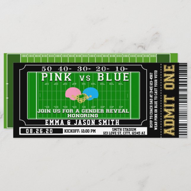 Pink oder Blue Football Ticket Baby Gender Reveal Einladung (Vorne/Hinten)