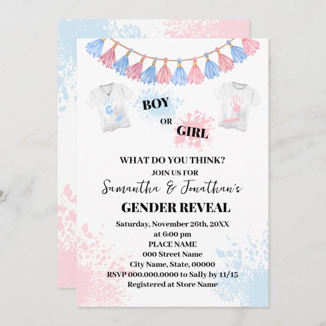 Pink oder Blue Gender Reveal Baby Shower Einladung (Vorne/Hinten)