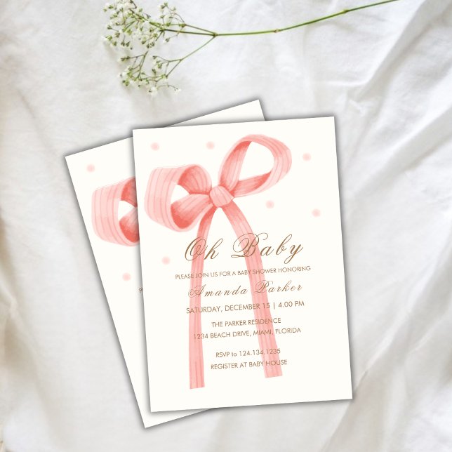 Pink Oh Baby Minimalistisch Polka Dot Bow Babydusc Einladung (Pink Oh Baby Minimalist Polka Dot Bow Baby Shower Invitation)
