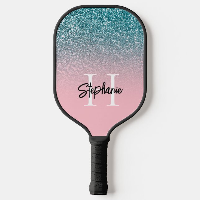 Pink Ombre Aquamarin Glitzer Monogram Pickleball Schläger (Rückseite)
