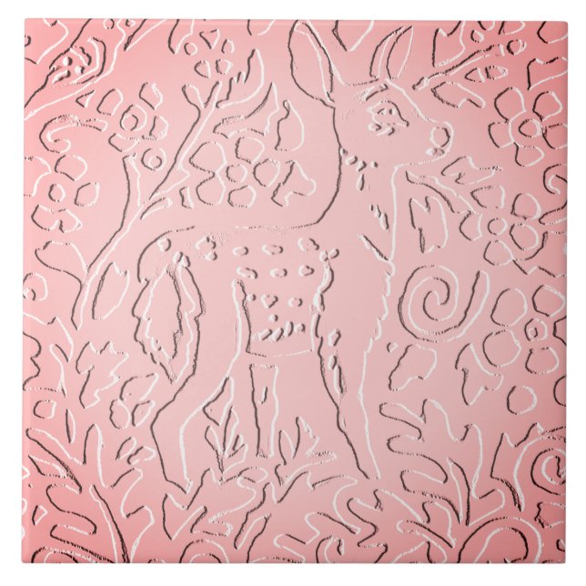 Pink Ombre Deer Fawn Woodland Embossed Floral Fliese (Vorderseite)