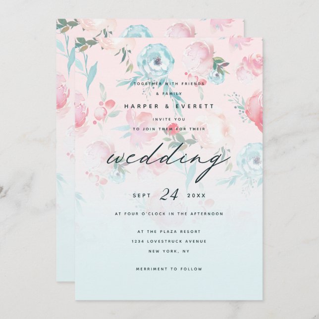 Pink Ombre French Garden Shabby Floral Wedding Einladung (Vorne/Hinten)