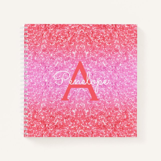 Pink Ombre Glitzer und Monogram Sketchbook Notizbuch (Vorderseite)