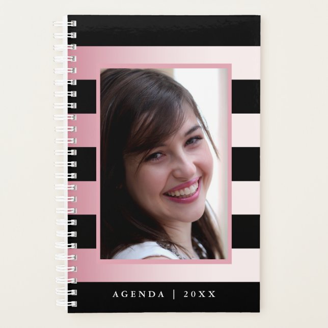 Pink Ombre und Black Stripes Foto Agenda Planer (Vorderseite)