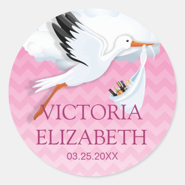 Pink Ombre Zickzack Baby Name Runder Aufkleber (Vorderseite)