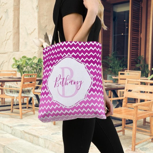 Pink Ombre Zickzack Personalisiert Tote Bag (Pink Ombre Chevron Personalized Monogram Tote Bag)