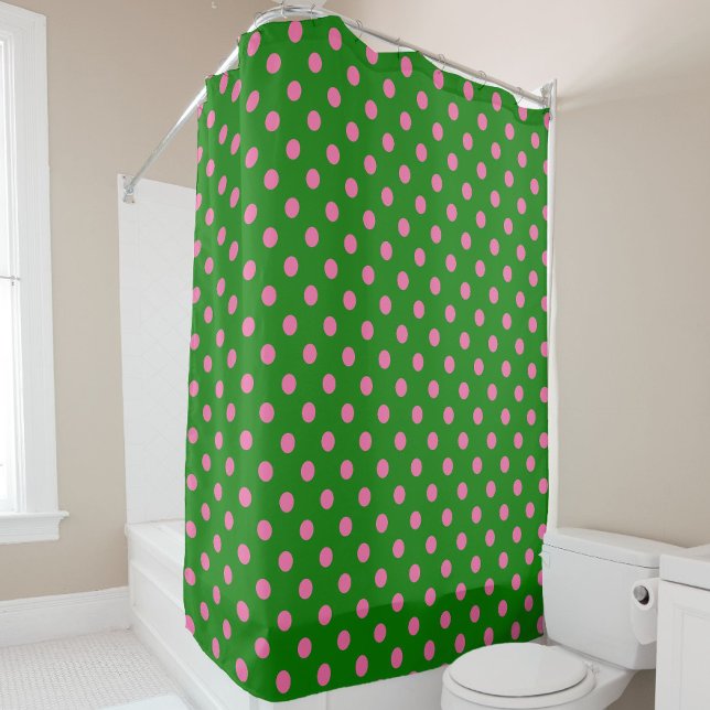 Pink On Green Polka Dots Pattern Design  Duschvorhang (Von Creator hochgeladen)