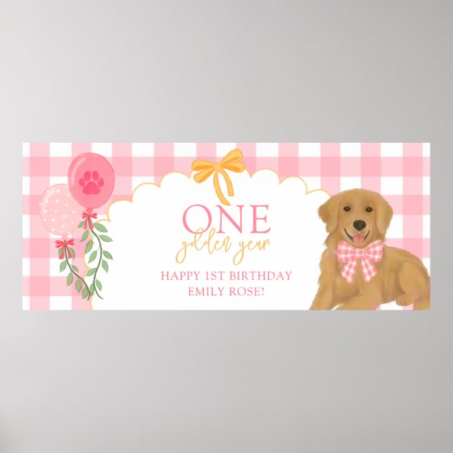 Pink One Golden Year Retriever Puppy 1st Birthday Poster (Vorne)