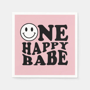 Pink One Happy Babe Retro Happy Smile Birthday Serviette