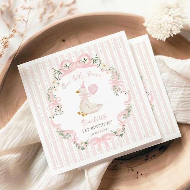 Pink One Silly Goose Coquette Bow 1st Birthday Serviette (Von Creator hochgeladen)