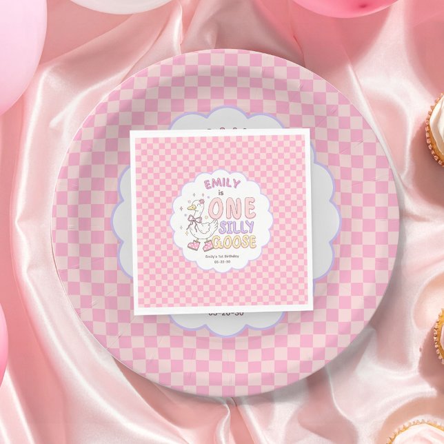 Pink One Silly Goose - Retro-Mädchen zum ersten Ge Serviette (Pink One Silly Goose - Retro Girl First Birthday Party Napkins. Pink Checkered Silly Goose.)