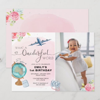 Pink ONEderful World Foto Erster Geburtstag Einladung
