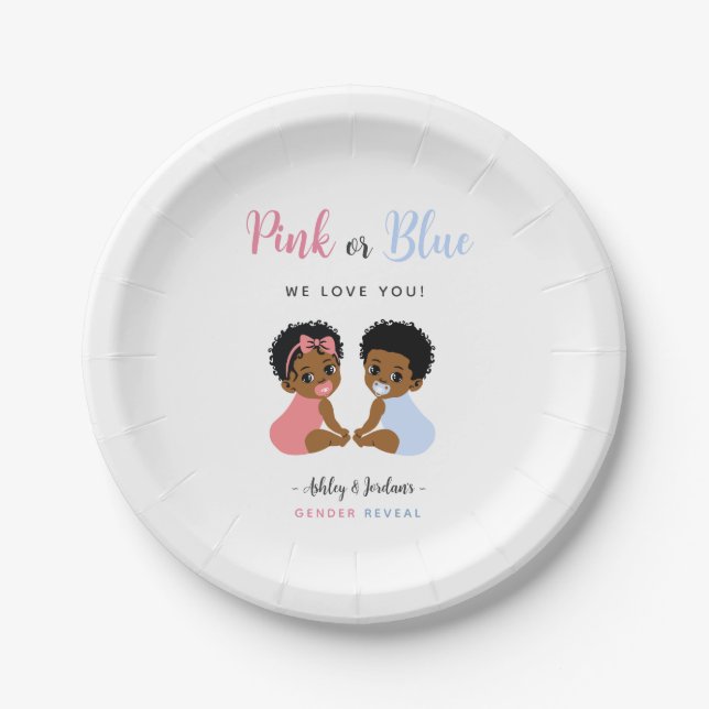 Pink or Blue African American Baby Gender Reveal Pappteller (Vorderseite)