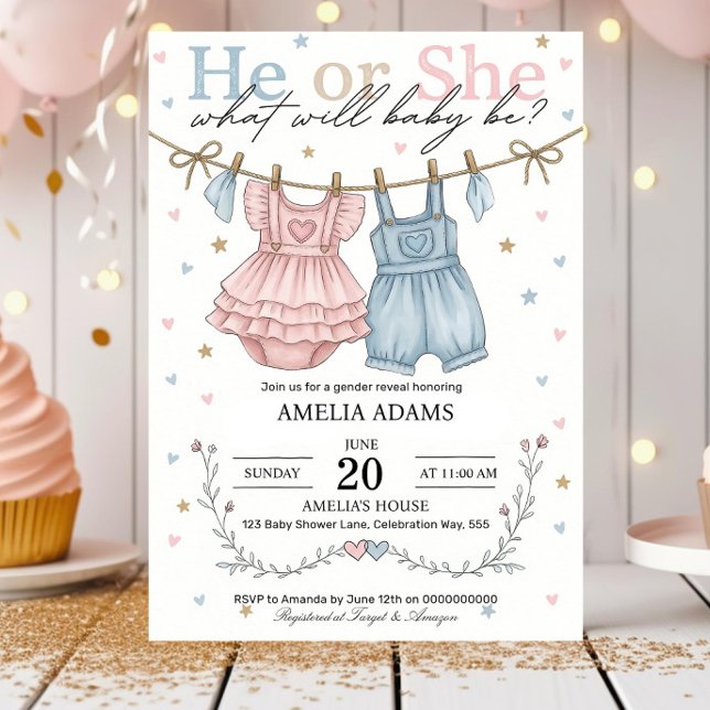 Pink or Blue Baby Clothes Gender Reveal Invitation Einladung (Von Creator hochgeladen)