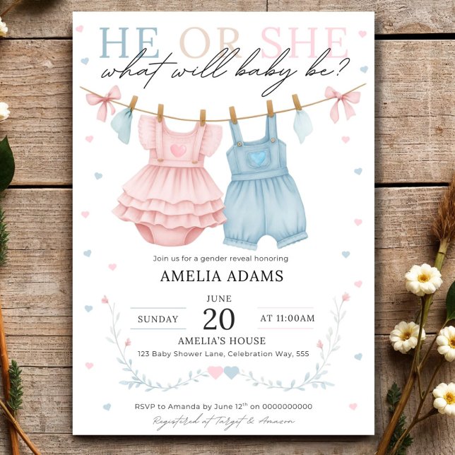 Pink or Blue Baby Clothes Gender Reveal Invitation Einladung (Von Creator hochgeladen)