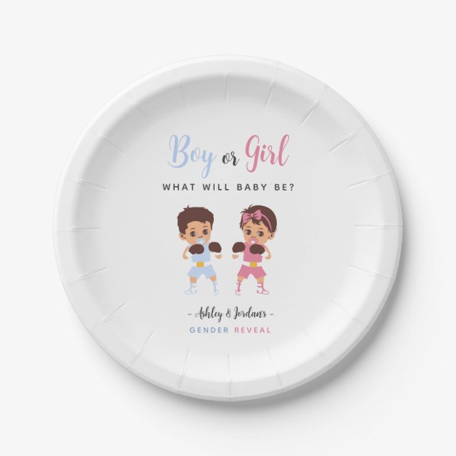 Pink or Blue Boxing Babies Gender Reveal Plates Pappteller (Vorderseite)