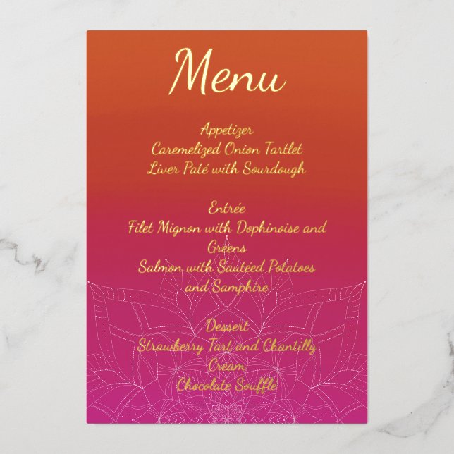 Pink & Orange Bright Ombre Mandala Wedding Menu Folieneinladung (Vorderseite)