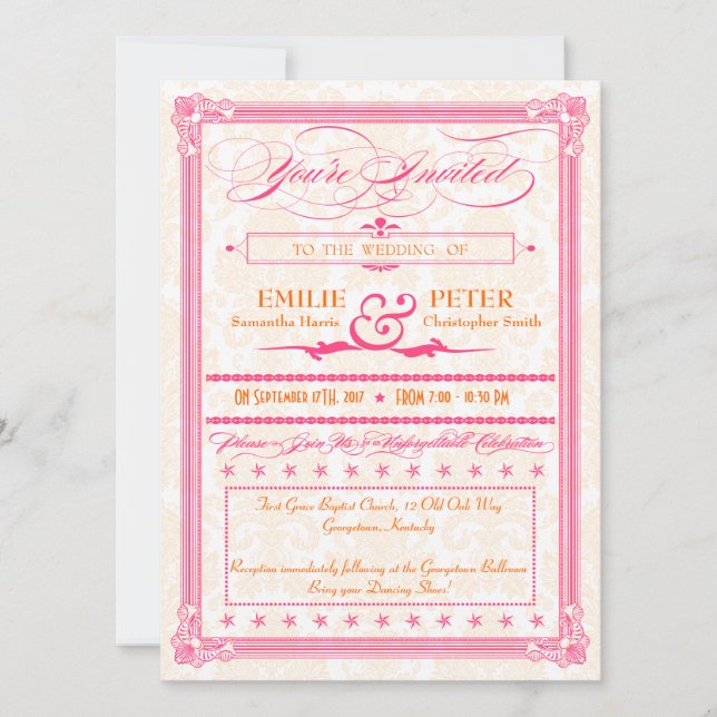 Pink & Orange Damask Poster-Style Hochzeit einlade Einladung (Vorderseite)