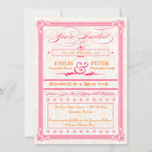 Pink & Orange Damask Poster-Style Hochzeit einlade Einladung