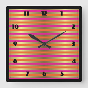 Pink, Orange & Faux Metallic Gold Stripes Quadratische Wanduhr