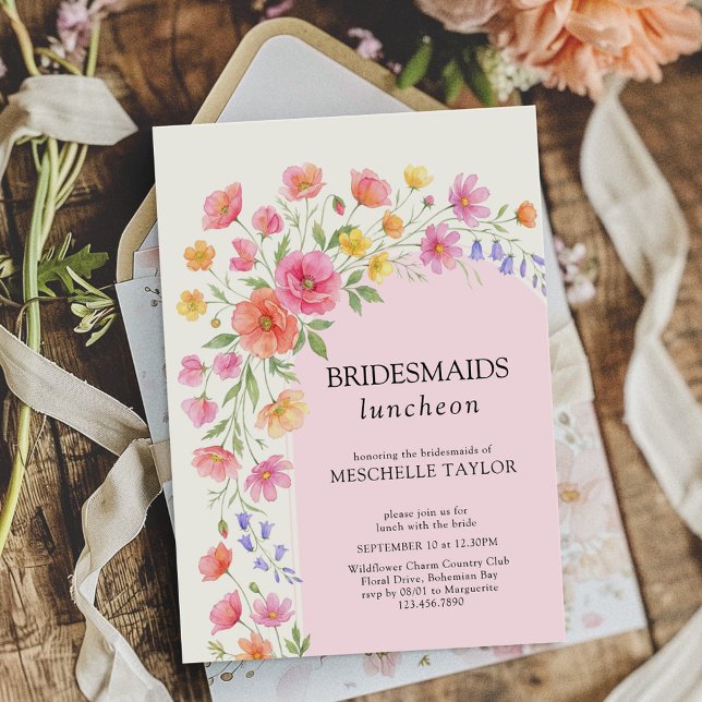 Pink Orange Floral Arch Bridesmaids Luncheon Einladung (Bridesmaids Luncheon invitation from the Wildflower Bloom wedding collection by Darling & May)