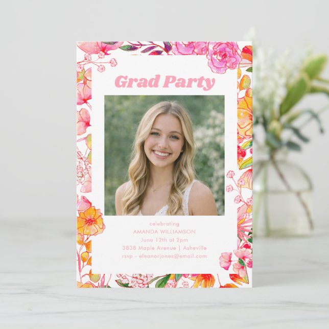 Pink Orange Floral Graduation Party Photo 2026 Einladung (Stehend Vorderseite)