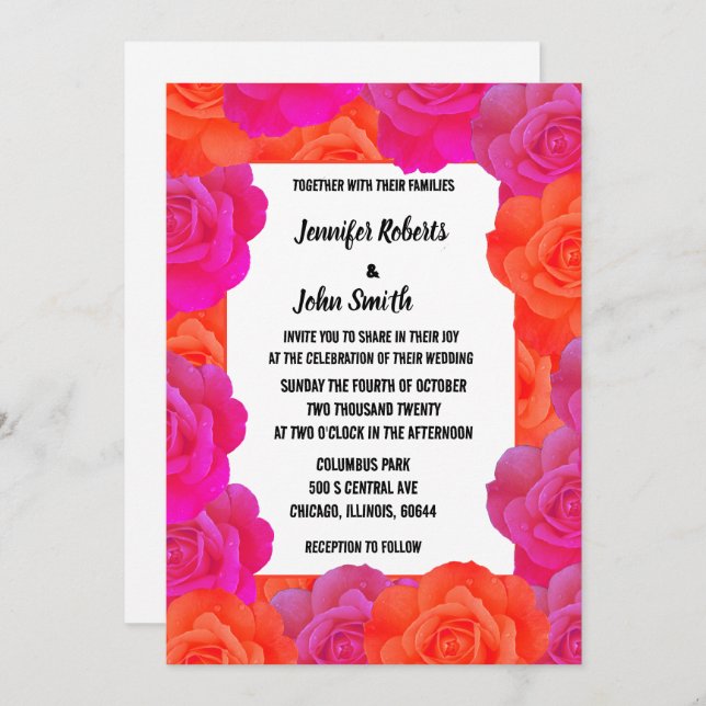 Pink Orange Floral QR Rose Muster Hochzeiten Einladung (Vorne/Hinten)