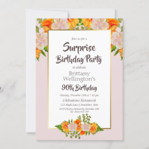 Pink Orange Floral Überraschung 90. Geburtstagspar Einladung