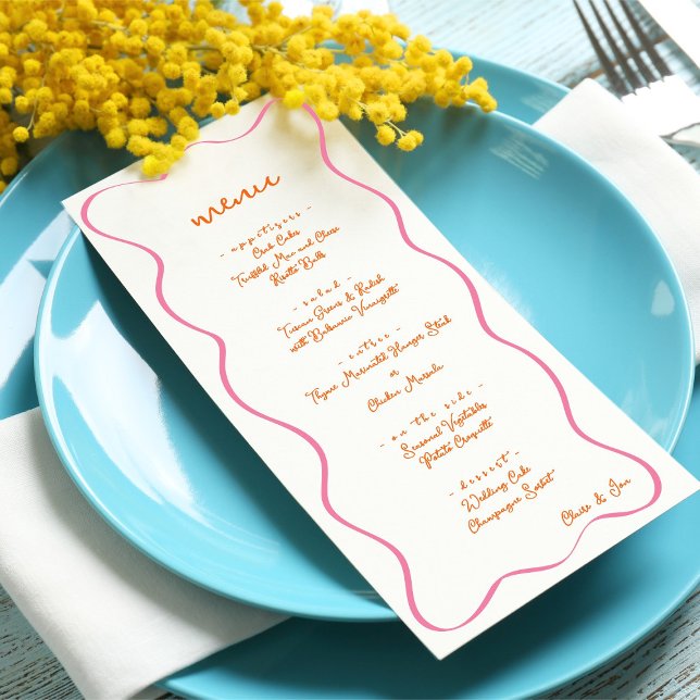 Pink & Orange Hand Drawn Curvy Border Wedding Menu Menükarte (Von Creator hochgeladen)