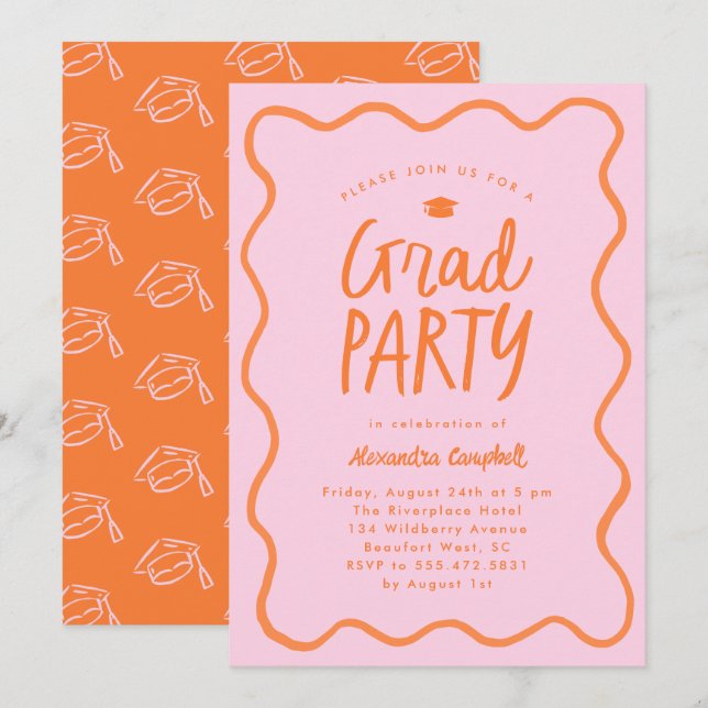 Pink Orange Hand Drawn Squiggle Graduation Party Einladung (Vorne/Hinten)