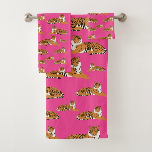Pink Orange Jungle Tiger Tiermuster Badhandtuch Set (Insitu)