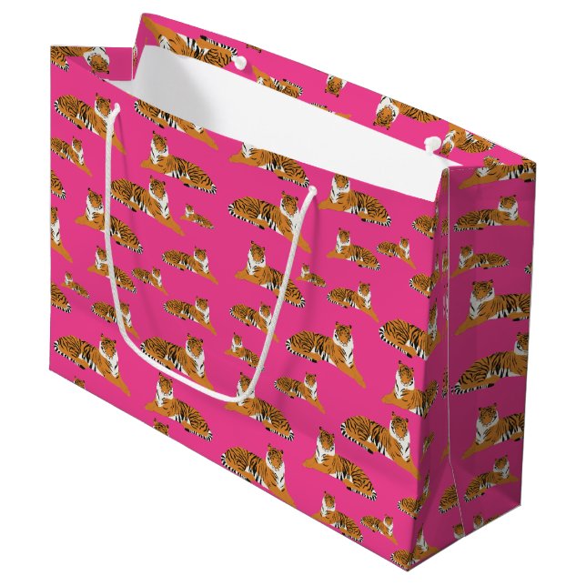 Pink Orange Jungle Tiger Tiermuster Große Geschenktüte (Vorderseite Schrägansicht)