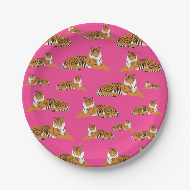 Pink Orange Jungle Tiger Tiermuster Pappteller (Vorderseite)