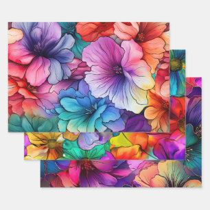 Pink Orange Lila Türkis Blumen Alcohol Ink Geschenkpapier Set