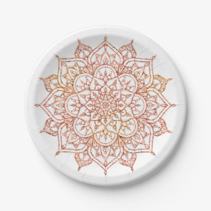 Pink & Orange Mandala auf weißem Glam Pappteller