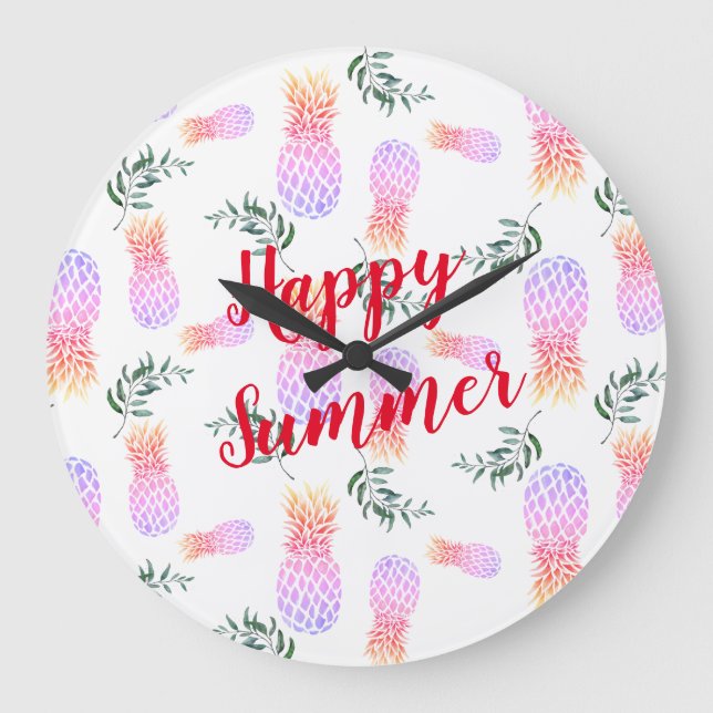PINK & ORANGE PINEAPPLE GLÜCKLICHER SOMMER GROßE WANDUHR (Vorderseite)