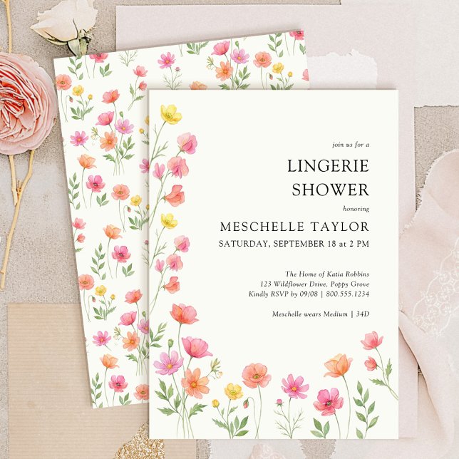 Pink Orange Pretty Floral Bridal Lingerie Shower  Einladung (Pink Orange Flowers Lingerie Shower Invitation from Wildflower Bloom collection by Darling & May)