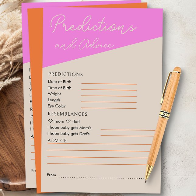 Pink Orange Tricolor Kindervorhersagen und Ratschl (Predictions and Advice baby shower activity from my Tricolor Baby Shower Collection)