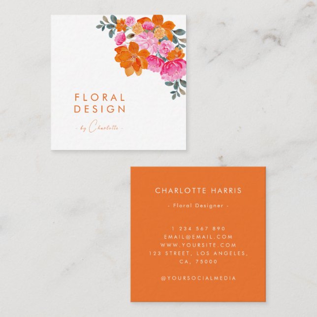 Pink & Orange Vibranntfarbene Aquarellfarben-Desig Quadratische Visitenkarte (Vorne/Hinten)