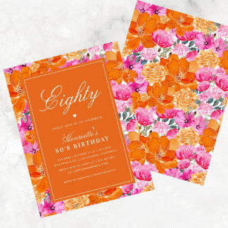 Pink Orange Vibrant Garden 80. Geburtstagsparty Einladung