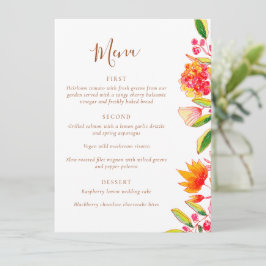 Pink Orange Watercolor Floral Wedding Dining Menükarte