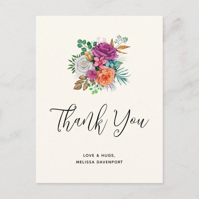 Pink, Orange & White Roses Bouquet Vielen Dank Postkarte (Vorderseite)