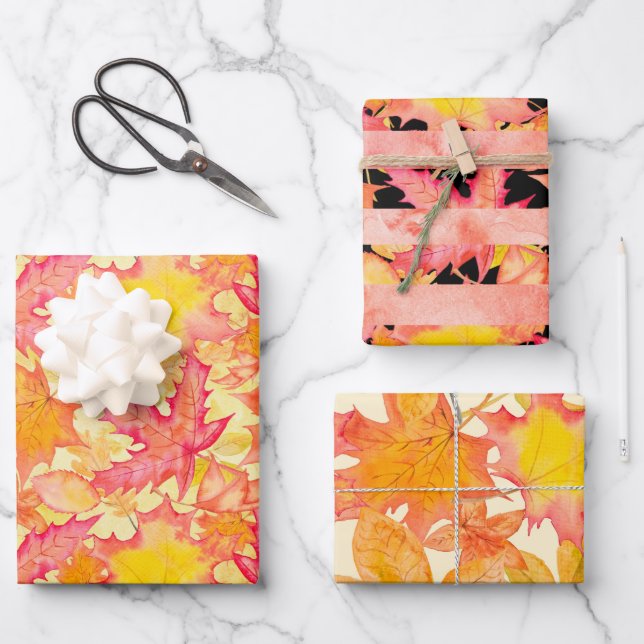 PINK ORANGE YELLOW AUTUMN LEAVES GESCHENKPAPIER SET (Vorderseite)