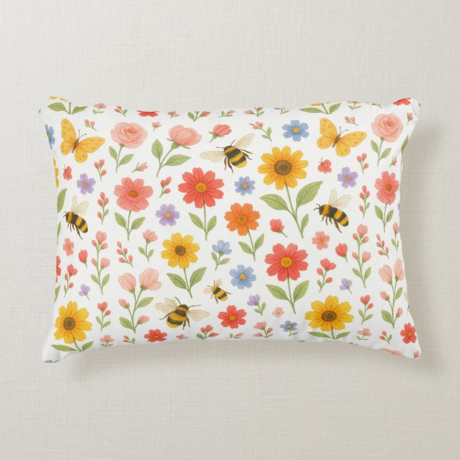 Pink Orange Yellow Floral and Bee Pattern  Dekokissen (Vorderseite)