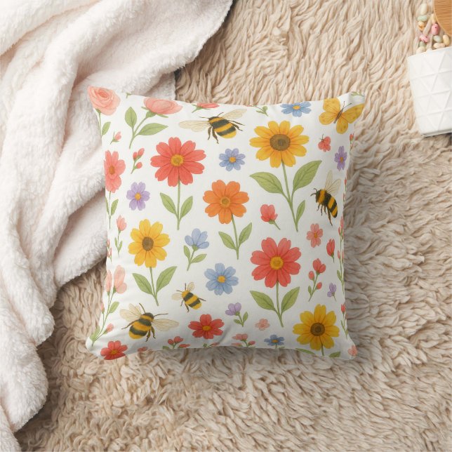 Pink Orange Yellow Floral and Bee Pattern  Kissen (Decke)