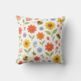 Pink Orange Yellow Floral and Bee Pattern Kissen