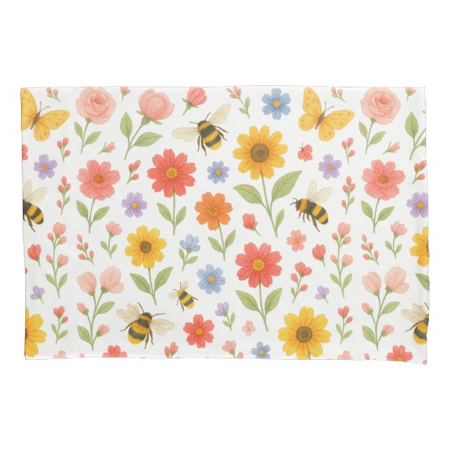 Pink Orange Yellow Floral and Bee Pattern  Kissenbezug (Vorderseite)
