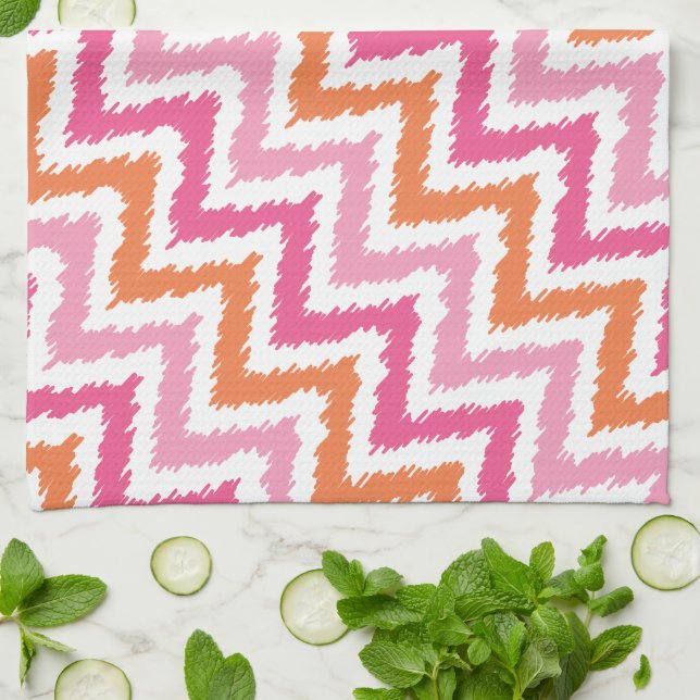 Pink Orange Zigzag Ikat Muster Küchentuch (Gefaltet)