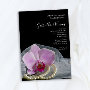 Pink Orchid and Pearls on Black Engagement Party Einladung